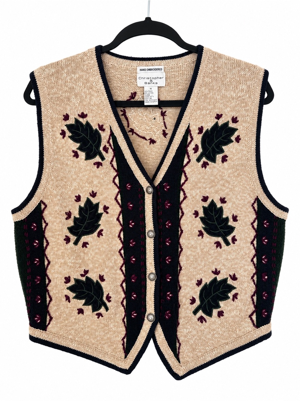 Christopher & Banks Hand Embroidered Leaf Button Front Sweater Vest Autumn XL